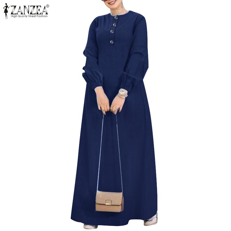 ZANZEA Женское повседневное свободное длинное платье с круглым вырезом и длинным рукавом