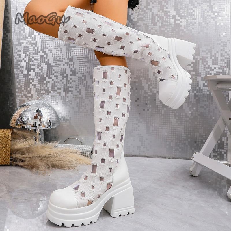 Fashion 2025 Spring Autumn New British Style Hollow Long Knee-High Boots Back Zipper Thick Bottom High Heel Fashion Boots Botas Mujer