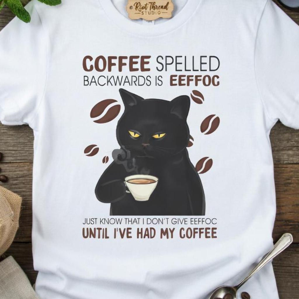 Coffee Spelled Backwards Is Eeffoc Black Cat T Shirt, Funny Cat Tee, Cat Lover Graphic Tshirt, Sarcastic Coffee Humor Top, Unisex Tee