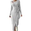 Women Fall Winter Knitted Solid Color Wrap Dress Hollow Out Lace Up Waist Round Neck Long Sleeve Irregular Hem Elastic