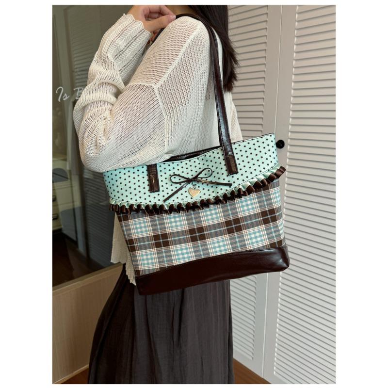 Sweet Bow Plaid Splicing Canvas Casual Single Shoulder Tote Handbag For Women