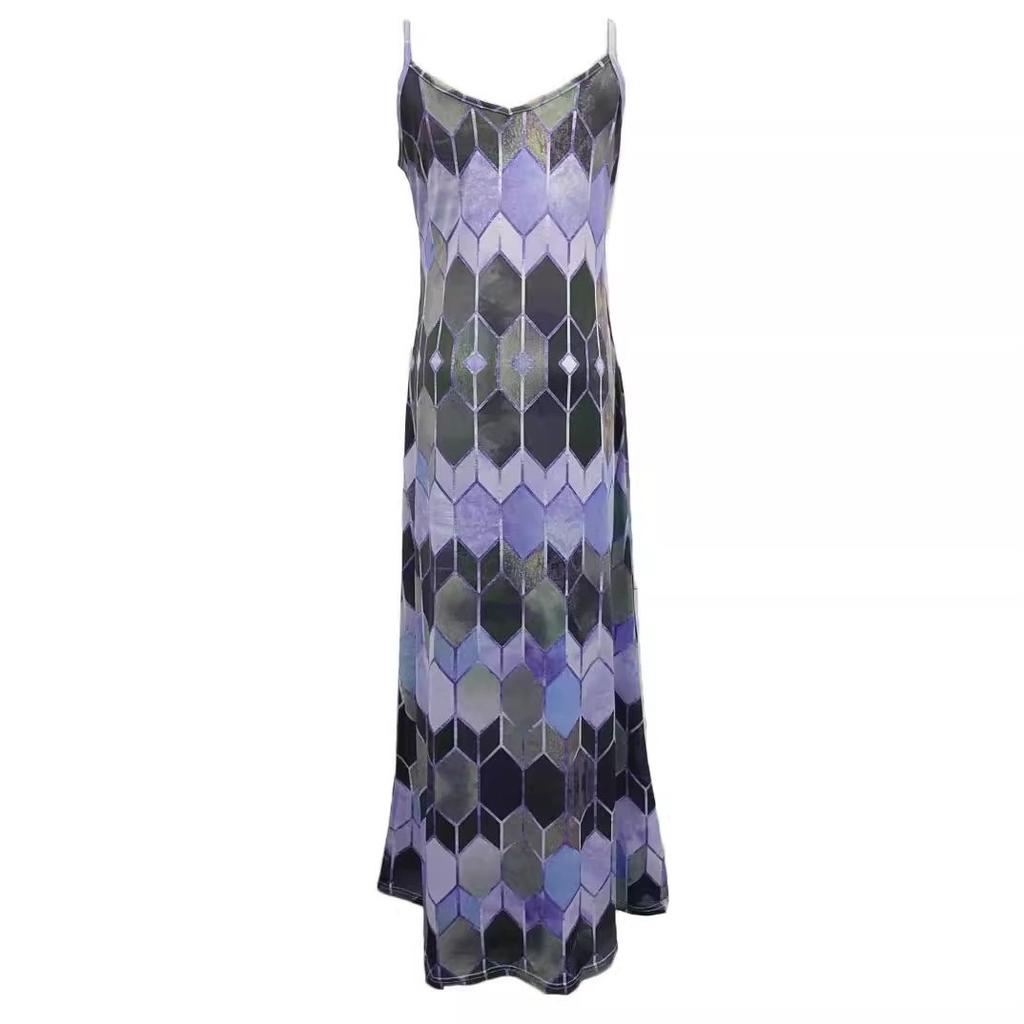 Женское модное шикарное платье макси с принтом Argyle на бретельках Летняя пляжная одежда Платье для отпуска Платье без рукавов Платье на бретельках Длинное платье