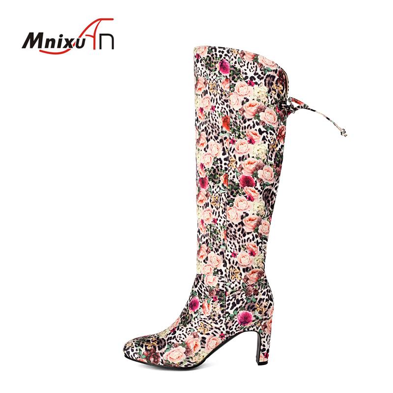 Autumn/Winter New Trade Round Toe Patchwork High Heels Knee High Boots Floral Fabric Keep Warm Women's Shoes Big Size 35-43