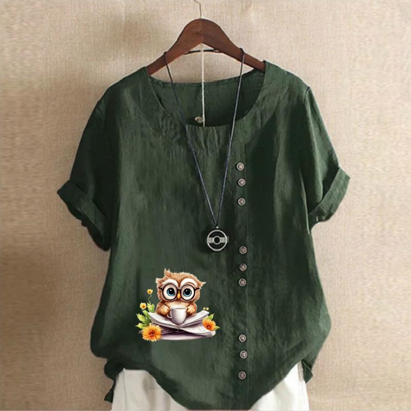 Women's Fashion Owl Reading Prined Short Sleeve T-shirt Loose Cotton Shirt Casual Loose Summer Blouse Tops Plus Size