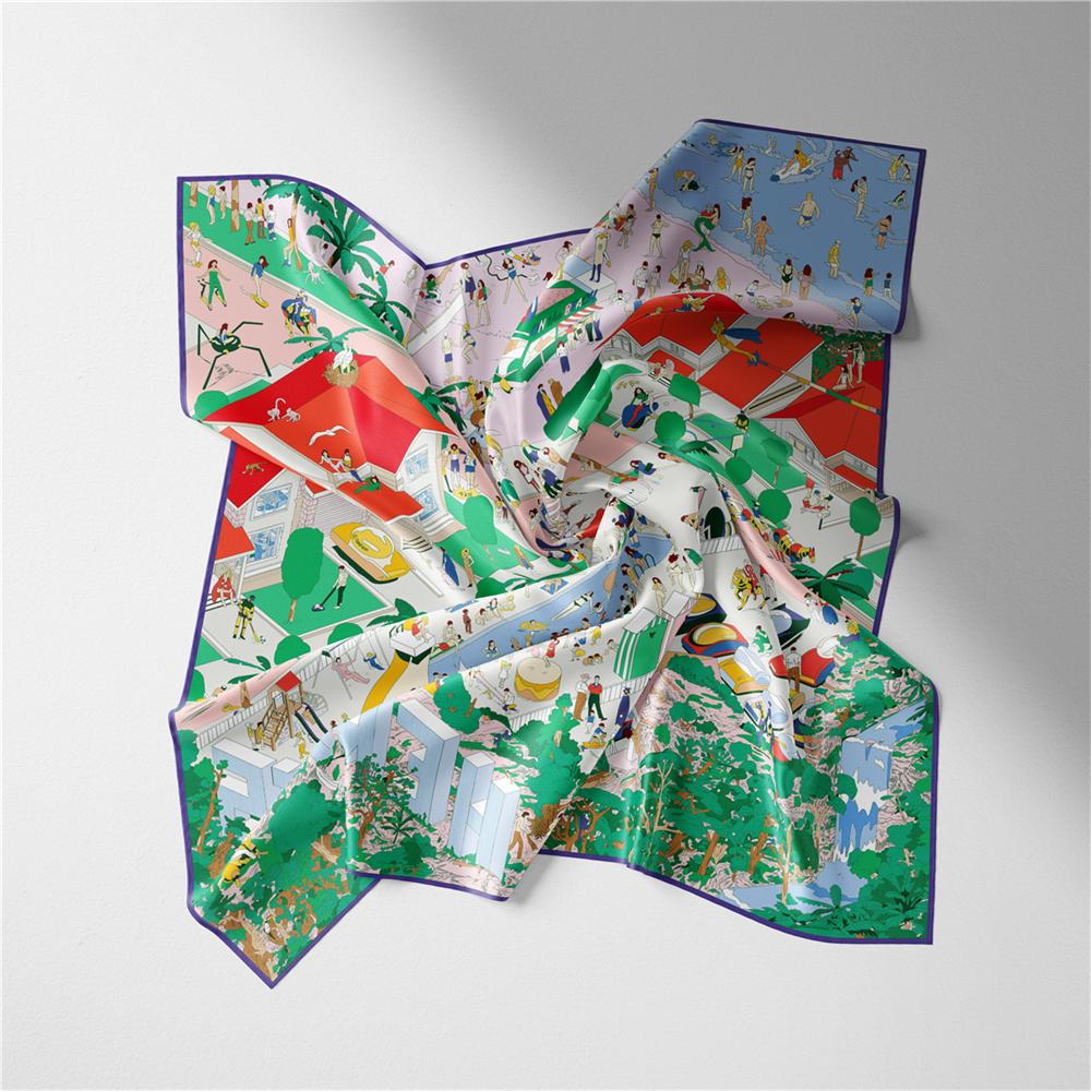 POBING саржевый шелковый шарф женский курортный принт квадратные шарфы палантины бандана маленький хиджаб шелковые платки галстук повязка на голову шейный платок 53 см