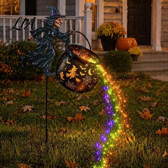 Outdoor Halloween Decorations Witch Cauldron Garden Light, Metal Yard Stake with LED String Festive Holiday Gift for Gardeners Lights, Waterproof Pot