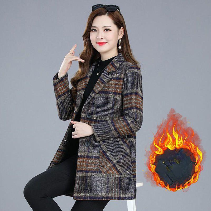 Autumn and Winter Coat Temperament Mid-length Blouse Women's Plaid Windbreaker