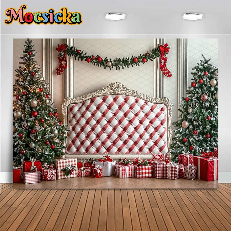 Mocsicka Рождественский Фон для Фотосъемки Комната Новогоднее Дерево Изголовье Кровати Украшение Семейная Праздничная Вечеринка Фон Студийные Обои