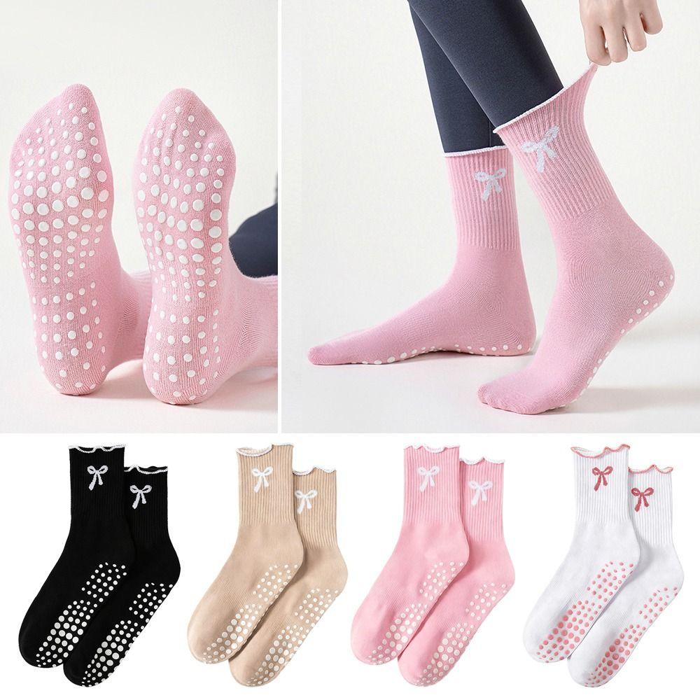 Cotton Pilates Socks Non-Slip Grip Mid Tube Socks Bow Yoga Socks for Women