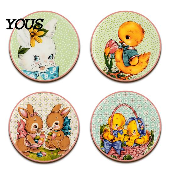 Cute Animal Print Coasters 4PCS Easter Flower Set, Thick Cork Base Non-Slip Heat Resistant Drink Tabletop Holders Coasters, Floral Decorative for Home