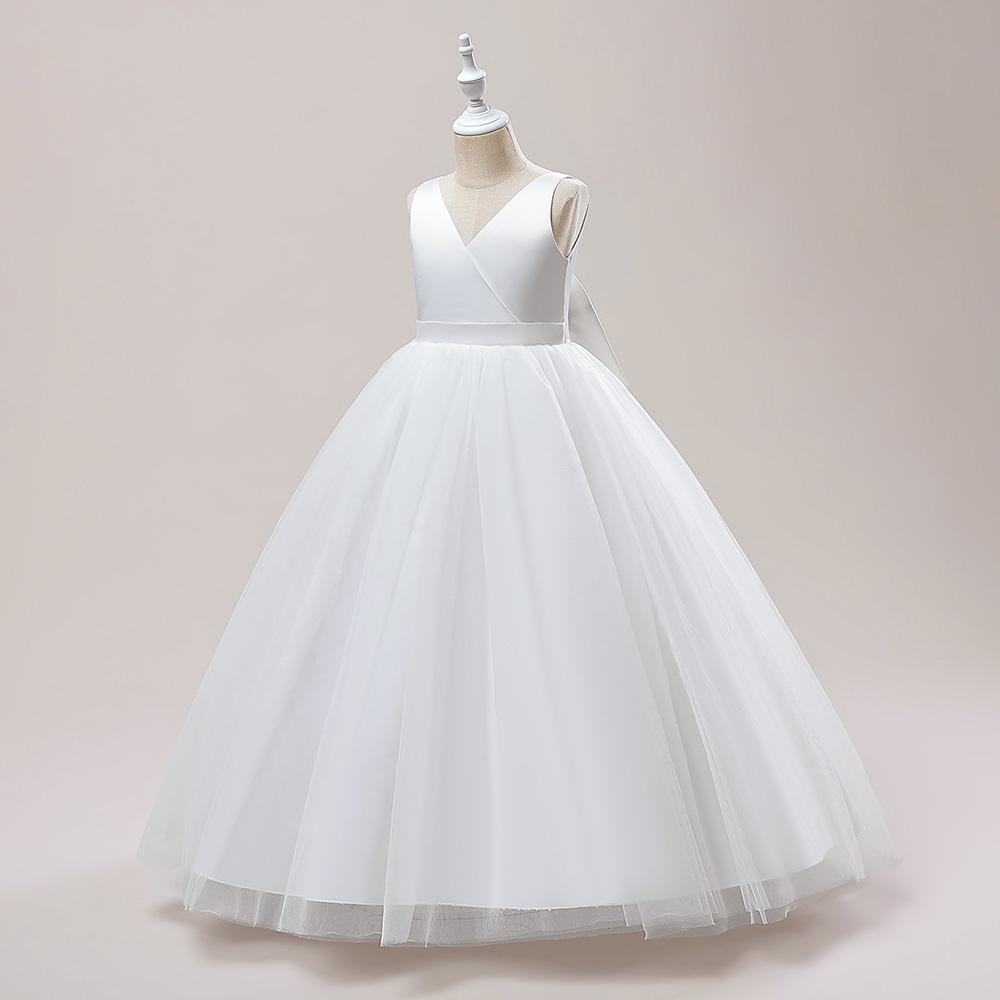 Платье подружки невесты с большим бантом для девочек, длинное белое свадебное платье для выпускного вечера, пышное платье принцессы для первого причастия, официальное бальное платье на день рождения