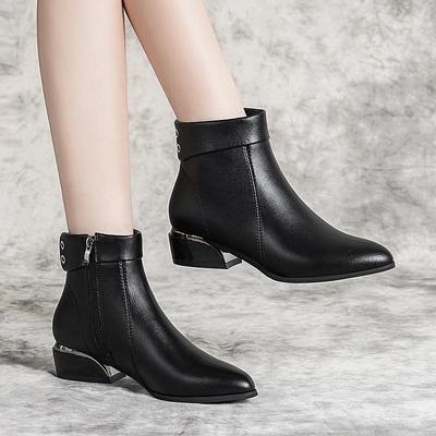 Весна Осень Зима Короткие остроносые сапоги с боковой молнией, толстый каблук, большой размер Модные плюшевые сапоги из искусственной кожи