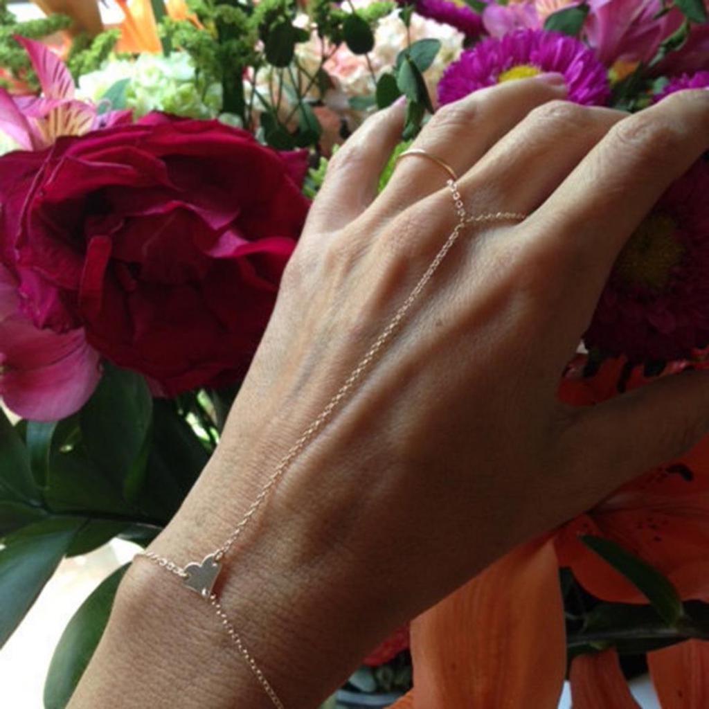 Fashion Women Love Heart Hand Harness Finger Ring Slave Chain Bracelet Jewelry