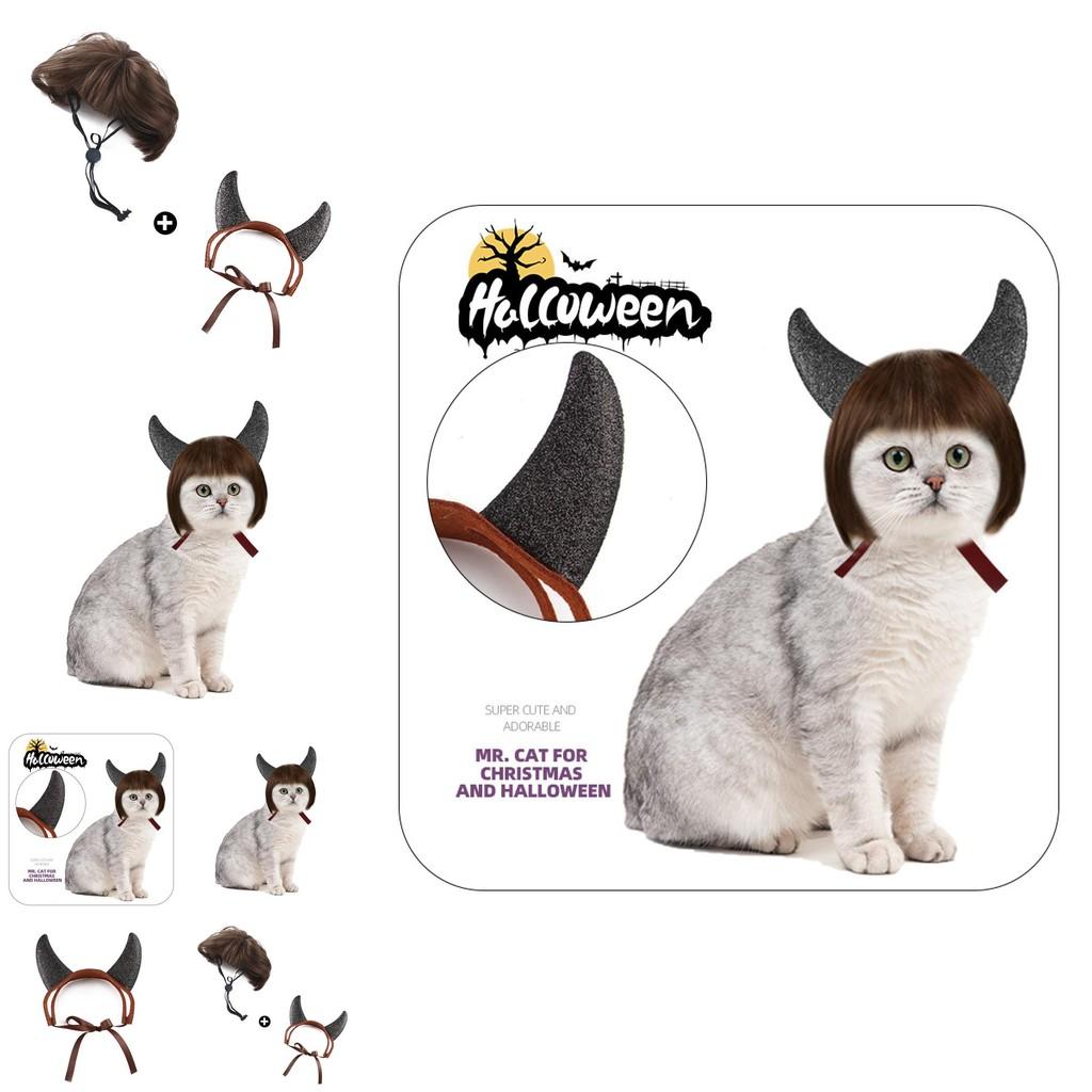 Cute Black And Red Horned Wig Set For Pets Featuring A Trendy Bob Haircut