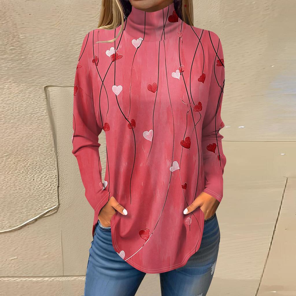 Футболки для женщин, осенние повседневные рубашки с длинным рукавом, толстовка с принтом, топ с высоким воротом, пуловер