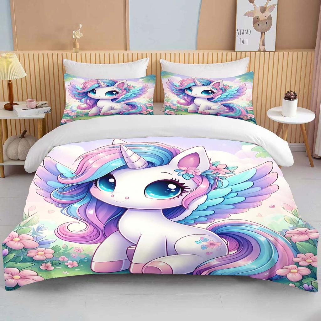 Cute Cartoon Unicorn Print Bedding Set Duvet Cover 1 Duvet Cover 2 Pillowcases Adult and Children Bedding Set Luxury Grils Gift