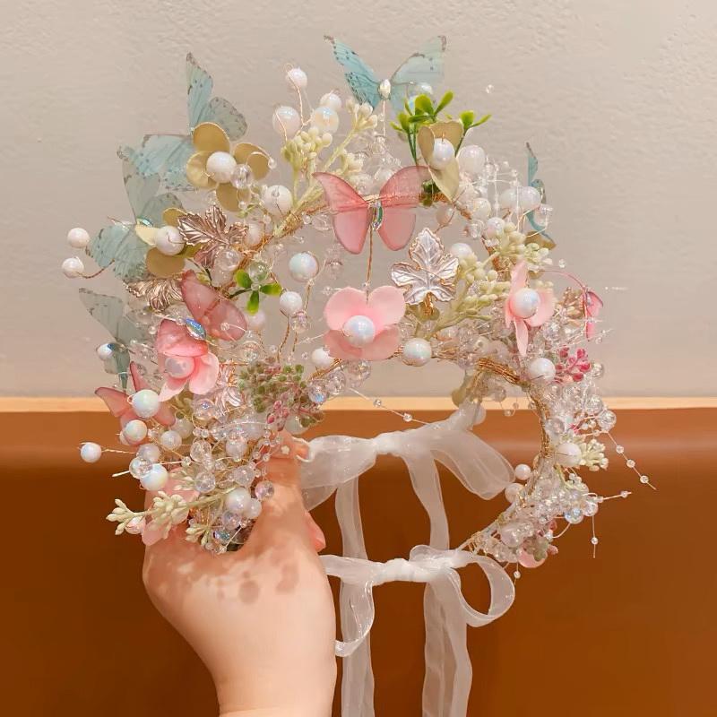 Элегантный жемчужный венок-ободок для невесты с бабочками для девочки, свадебная вечеринка, повязки для волос, принцесса, цветок, лента для волос, ювелирные аксессуары