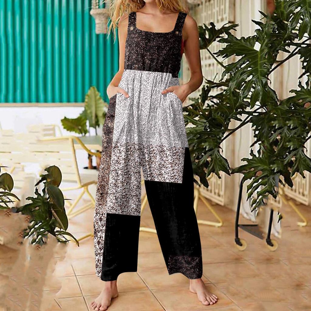 Women's Fashion Casual Loose Back Straps Wide Leg Vintage Printed Jumpsuit