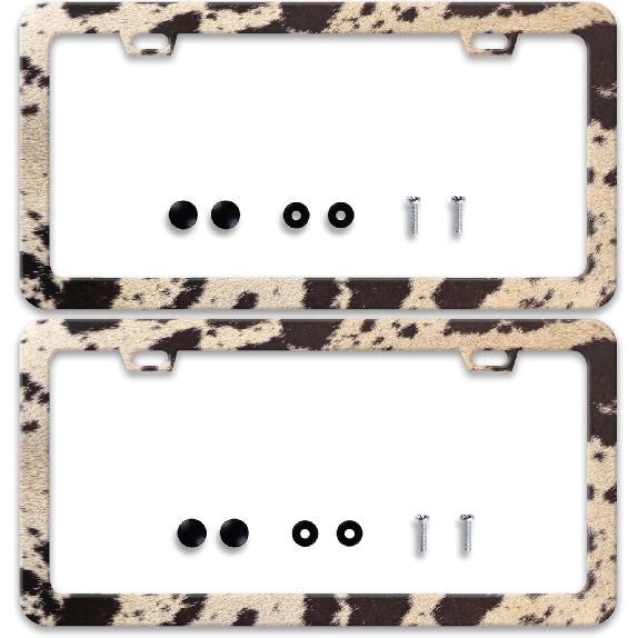 2 Pcs Grey Black Leopard Print License Plate Frame Cheetah License Plate Frames Personalise Stainless Steel Funny Design Compatible with Standard