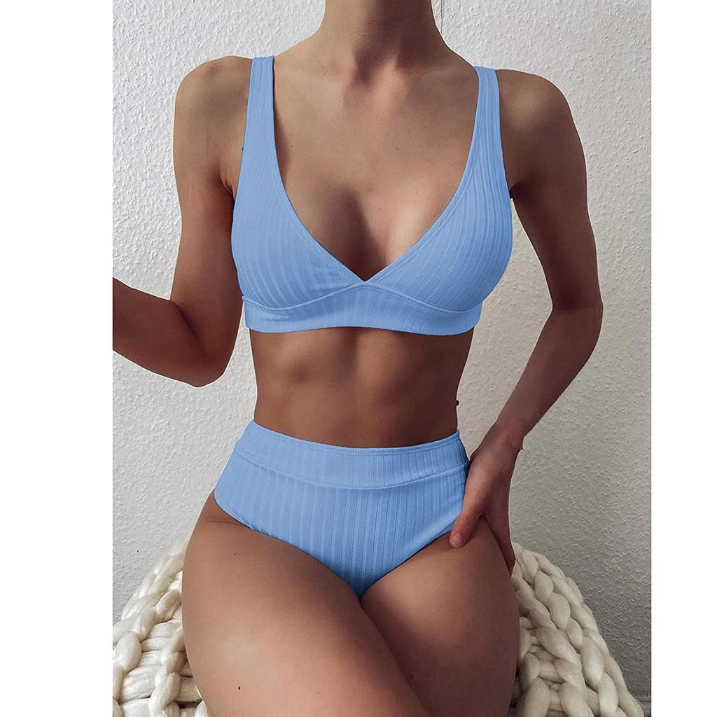 Женский однотонный комплект бикини с высокой грудью и бретельками, купальник из двух частей