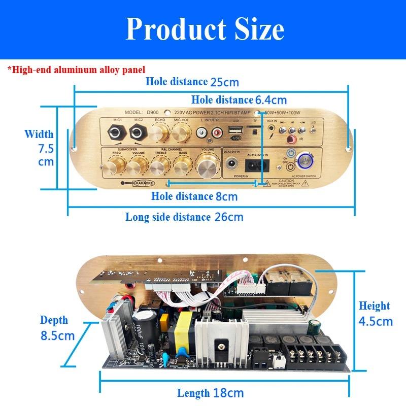 D900 2.1-Chip Bluetooth Amp Board 50 W+50 W+100 W 12-24 V Hi-Fi Bass/Treble EQ MIC Echo TWS Pair USB/TF/AUX For Subwoofer EU/US