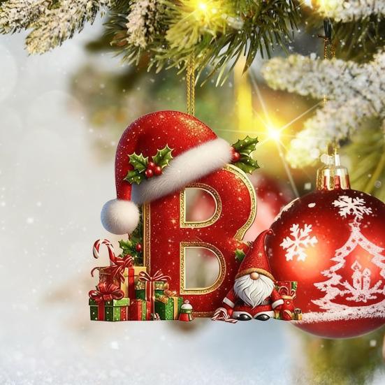 Красные инициалы Рождественские украшения 2D акриловые персонализированные гномы монограммный кулон с шапкой Санты 26 букв украшение для подвешивания на рождественскую елку