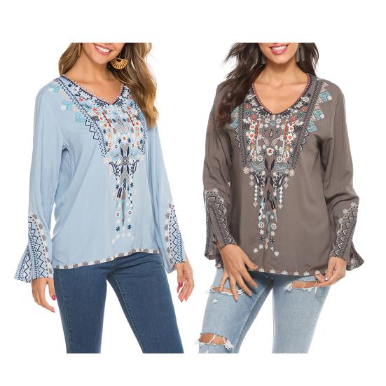 Женская рубашка в стиле бохо с вышитым цветочным узором, расклешенная, с длинным рукавом и V-образным вырезом