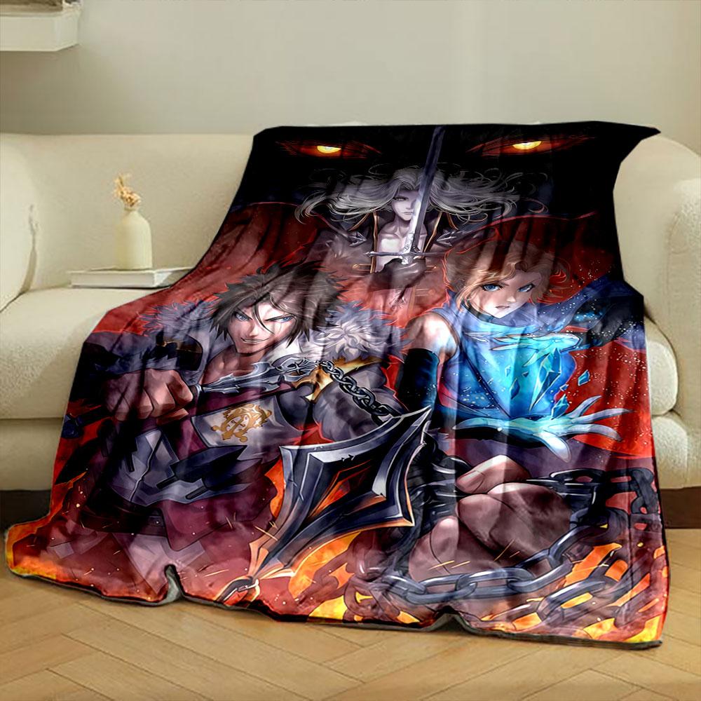 A fiery background with characters wielding weapons and magical ice. for all seasons blanket lunch break throw gift
