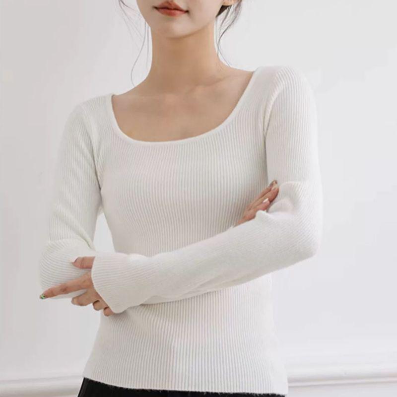 "Женский вязаный свитер с квадратным вырезом": Длинный рукав, плюс бархат, однотонный, на осень и зиму.