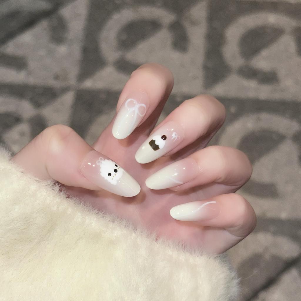 Nude Color Fantasy Cream Puppy Wearing Nail Handmade Cute Style Hand-painted Manicure French Gradient Fake Nail Patch