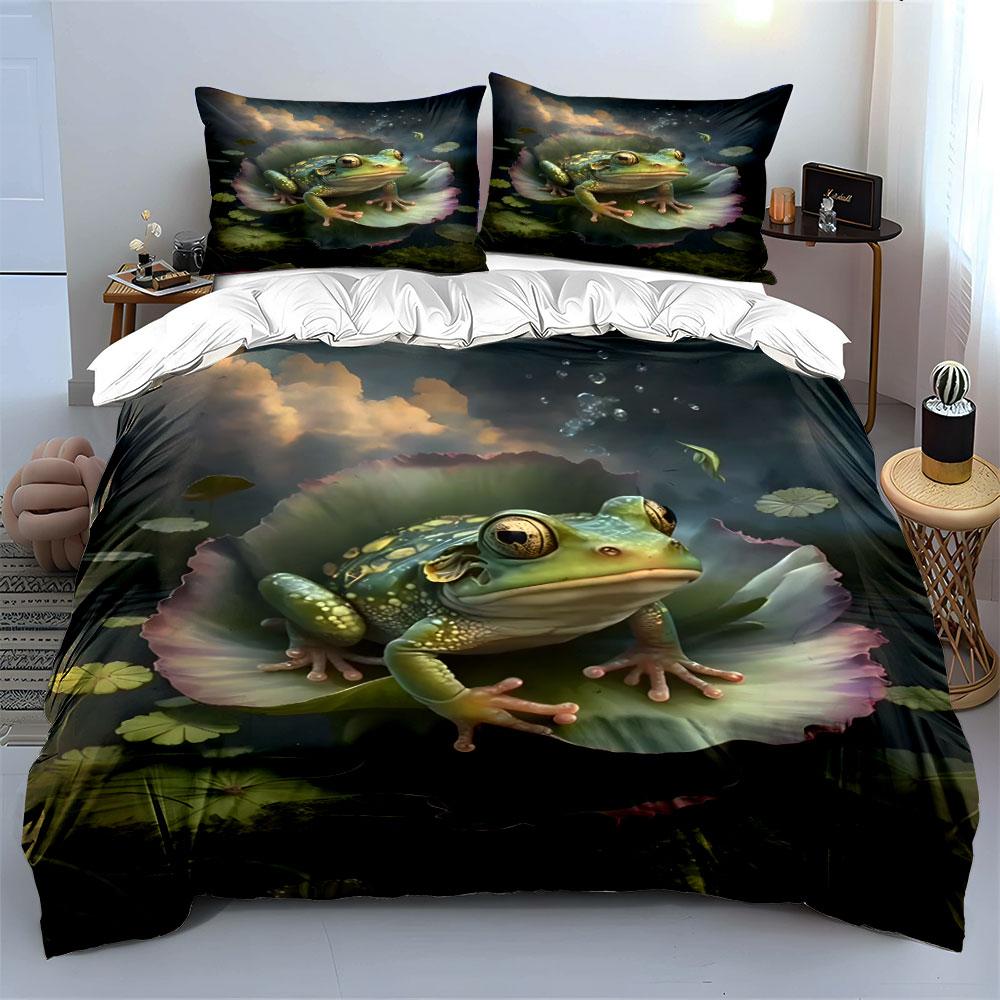 Frog resting on lotus leaf serene night Print Bedding Set 1 Duvet Cover 2 Pillowcases for Adult and Children Luxury Gift