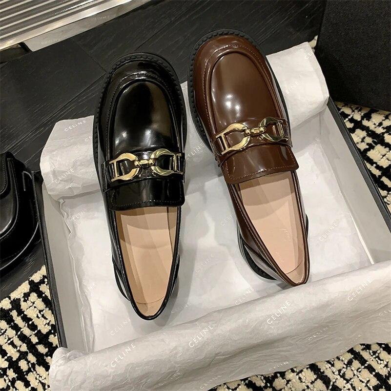 Meotina Женские лоферы из натуральной кожи с круглым носком на плоской подошве с металлическими украшениями, женская модная повседневная обувь, весна-осень, черный, коричневый 40