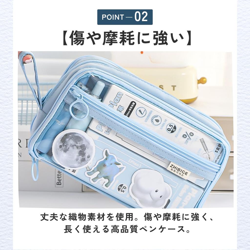 ideamall Pencil Case for Elementary School Students, Cute Pastel Design, Stationery Storage Pouch, Pencil Case, Transparent, Blue