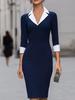 European and American women's clothing, commuter suit collar splicing, seven-quarter-sleeved slim-fitting hip-wrapped dress