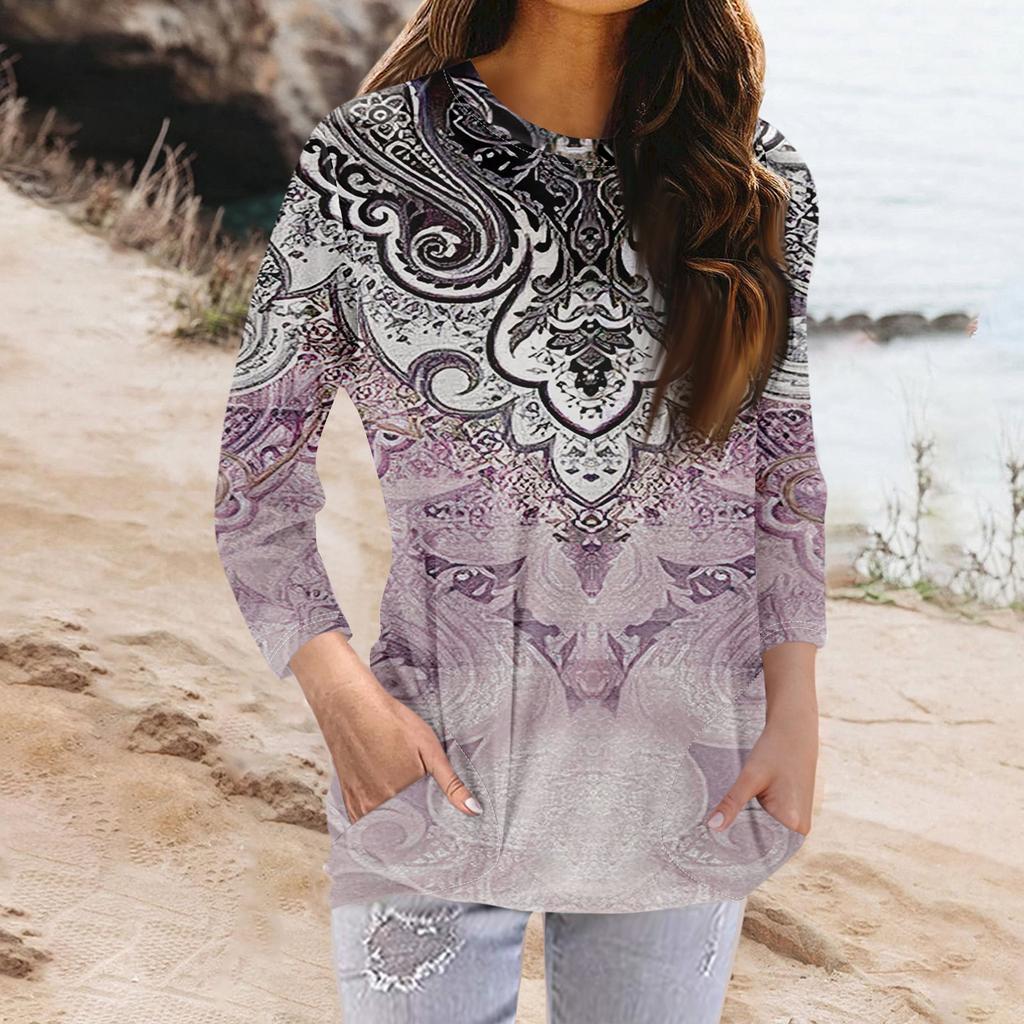 Женская модная повседневная футболка с карманом и круглым вырезом с рукавами 3/4 и топом