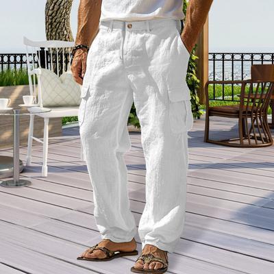 Мужские повседневные прямые брюки, однотонные уличные брюки, свободный крой, пляжные брюки с несколькими карманами для фитнеса, путешествий, повседневной носки