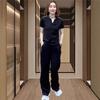 Women Striped Tracksuit 2 Piece Outfit V Neck Short Sleeve Top Wide Leg Pants Set Casual Loose Sport Suit Middle Age Mom Daily Wear
