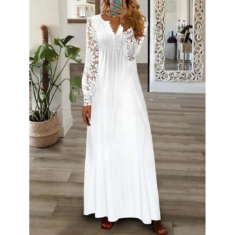 Весна и лето Повседневные женские платья больших размеров Модные принтованные кружевные длинные рукава Свободные платья Женские элегантные винтажные длинные платья для отдыха на пляже 26518