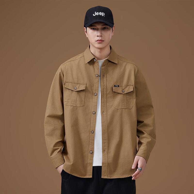 JEEP Men's 100% Cotton Solid Color Lapel Long-Sleeve Shirt