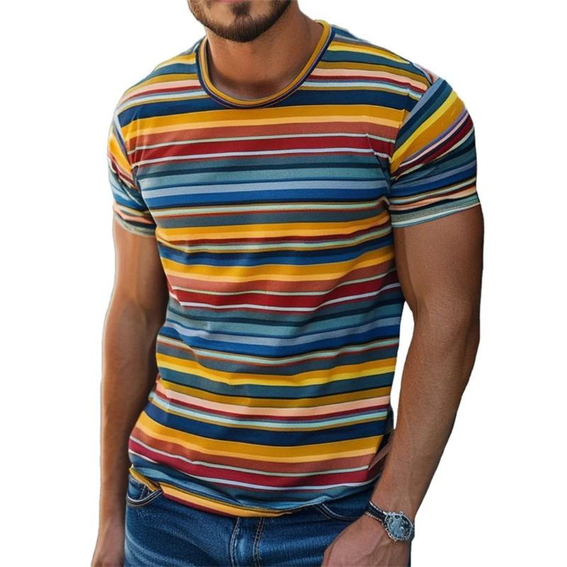 Summer Round Neck Retro Stripe Graphic 3D Print Top Fashionable Casual Short Sleeved Men's T-shirts