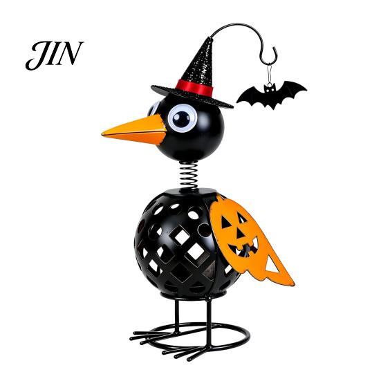 Spooky Halloween Decor Metal Crow Pumpkin Figurine, Wrought Iron Raven Statue with Witch Hat, Scary Ornament LED Candle Holder Lantern for Garden