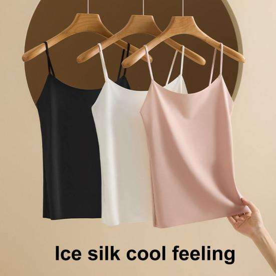 Women's Faux Silk Camisole Top Ice Silk Satin Tank Top Spaghetti Strap Sleeveless Cami Top Crew Neck Silky Summer Basic Blouse
