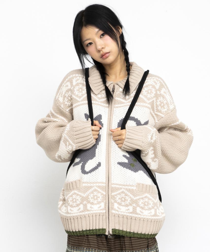 GLACK Gznt003 Ato Cat Cowichan Knit Zip-Up (Beige)