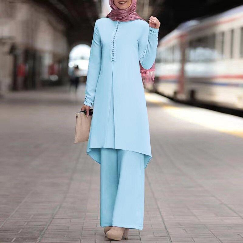 2024 Elegant Middle Eastern Muslim Women's Lace Suit with Long Sleeve Top and Wide Leg Pants for Spring and Autumn