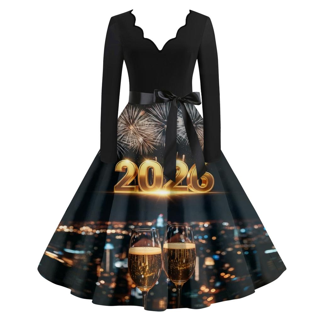 Женское повседневное модное платье винтажного стиля с V-образным вырезом и новогодним принтом