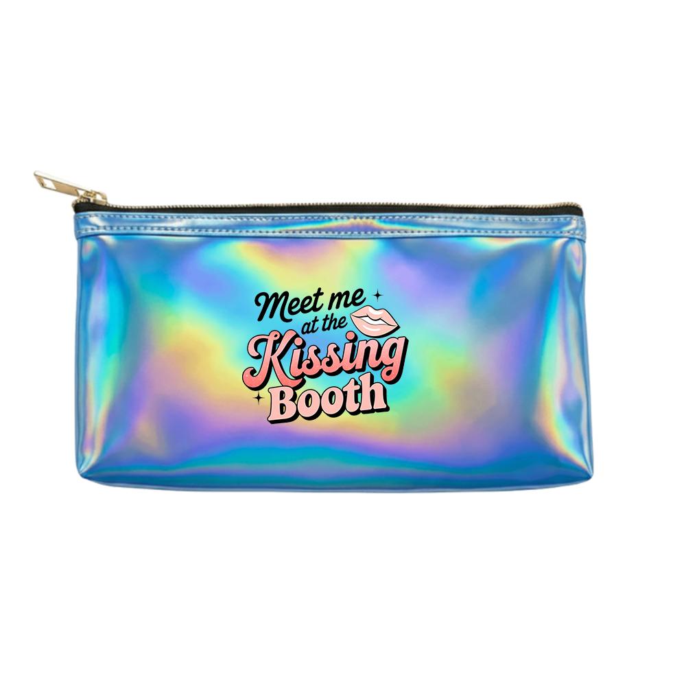 Retro Pink Lips Patterned Laser Cosmetic Makeup BagShiny Travel Toiletry Organizer Pouch for Girls Women Daily Accessory Storage