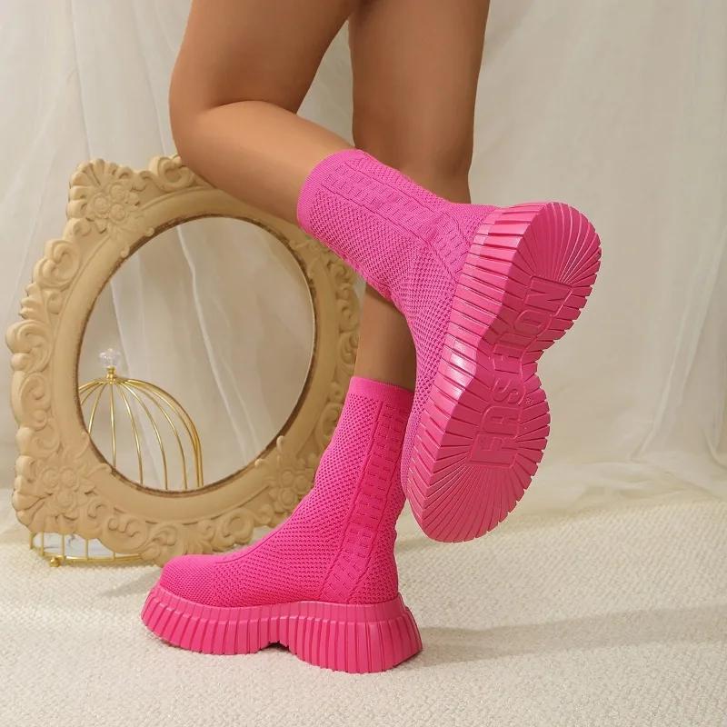 Microfiber Ankle Square Heel Modern Boots Winter Slip-on Round Toe 2024 Fashion Ladies Shoes Mid Heel Solid Women's Boots