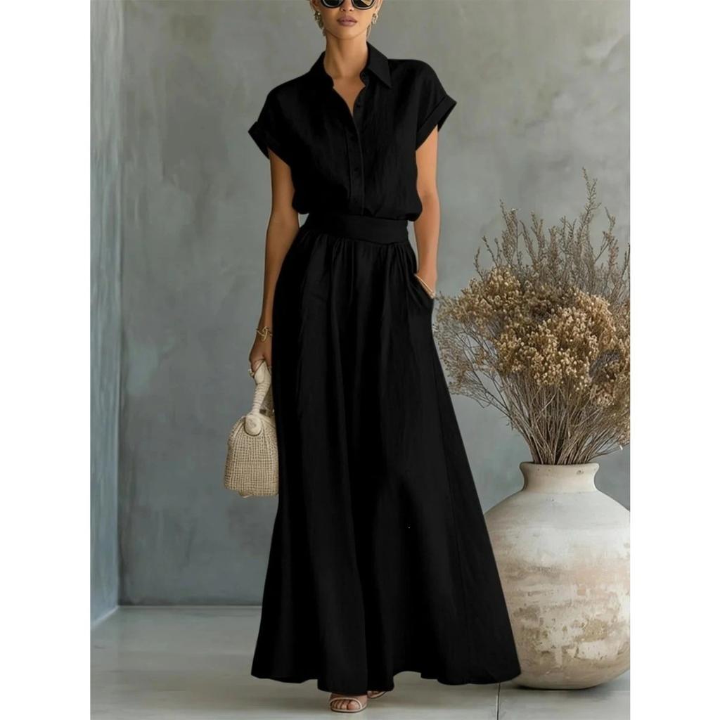 Женский комплект из топа с воротником и коротким рукавом и брюк с широкими штанинами Свободный крой Повседневный комплект из двух предметов