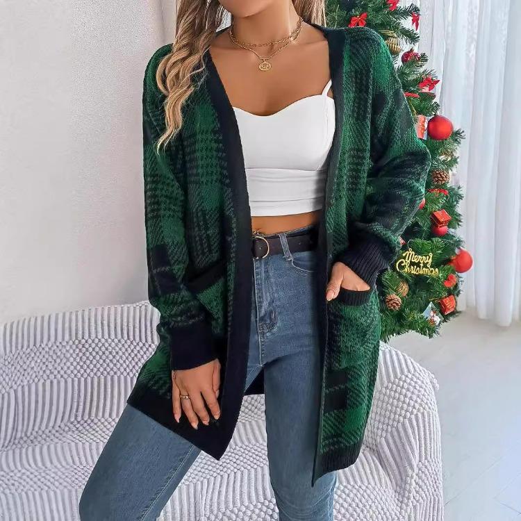Vintage Christmas Knitwear Sweater Loose Cardigan Long Sleeve V Neck Top for Autumn Winter
