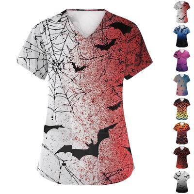 Женская модная рабочая униформа с V-образным вырезом и короткими рукавами, с карманами, топ с принтом на Хэллоуин